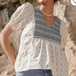 Madewell Embroidered Patterned White and Navy Short Sleeve Blouse Top Womens